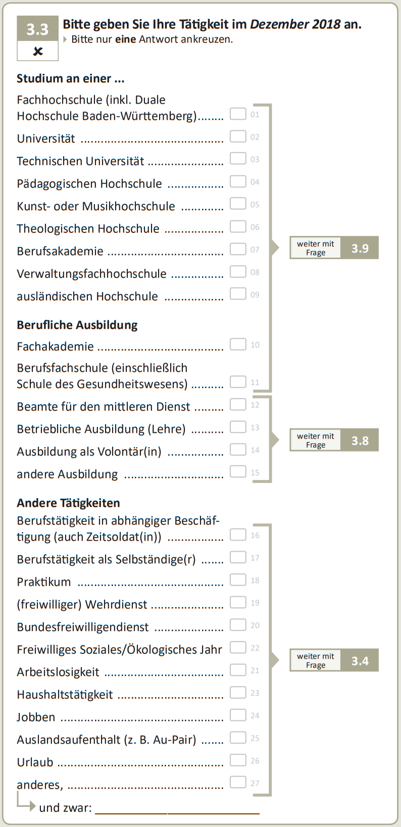 Bitte geben Sie Ihre Tätigkeit im Dezember 2018 an.