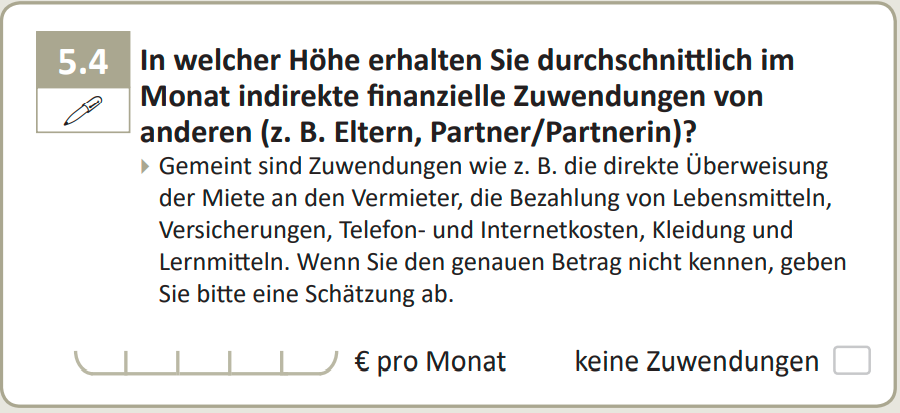 In welcher Höhe erhalten Sie durchschnittlich im Monat indirekte finanzielle Zuwendungen von anderen (z. B. Eltern, Partner/Partnerin)?
