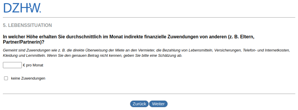 What is the average monthly amount of indirect financial support you receive from others (e.g. parents, partner)?