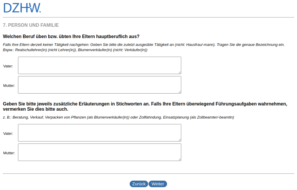 What is the main profession of your parents? Please give additional explanations in keywords in each case. If your parents mainly perform managerial tasks, please also note this.