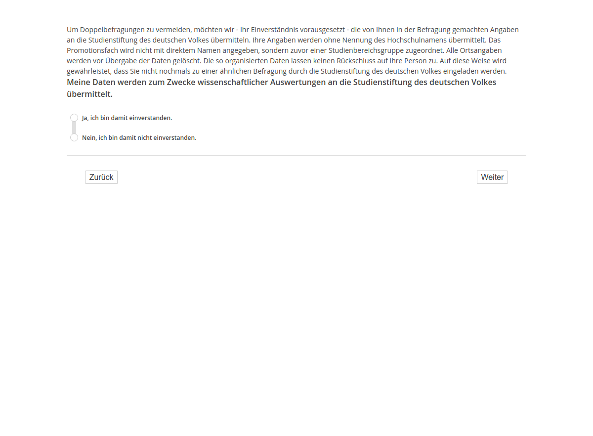 Meine Daten werden zum Zwecke wissenschaftlicher Auswertungen an die Studienstiftung des deutschen Volkes übermittelt.