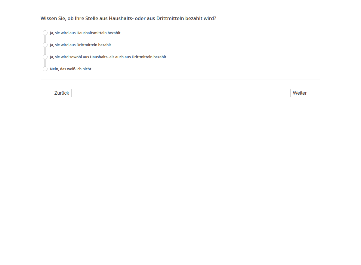 Wissen Sie, ob Ihre Stelle aus Haushalts- oder aus Drittmitteln bezahlt wird?