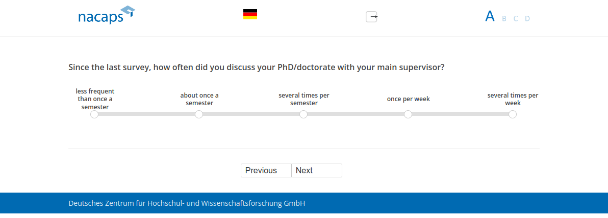 Since the last survey, how often did you discuss your PhD/doctorate with your main supervisor?