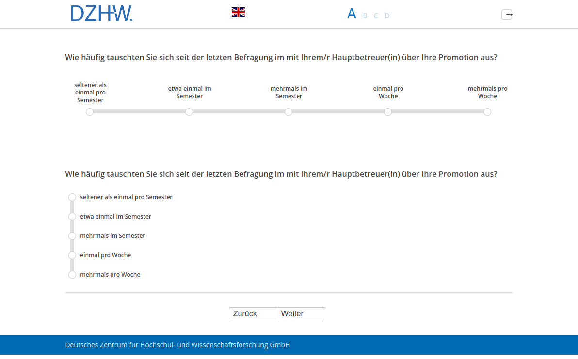 Wie häufig tauschten Sie sich seit der letzten Befragung im #{PRELOADcpl007.value} mit Ihrem/r Hauptbetreuer(in) über Ihre Promotion aus?Wie häufig tauschten Sie sich seit der letzten Befragung im #{PRELOADcpl007.value} mit Ihrem/r Hauptbetreuer(in) über Ihre Promotion aus?