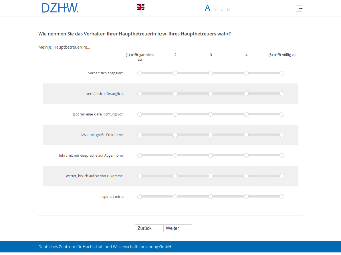 Wie nehmen Sie das Verhalten Ihrer Hauptbetreuerin bzw. Ihres Hauptbetreuers wahr?Mein(e) Hauptbetreuer(in)…