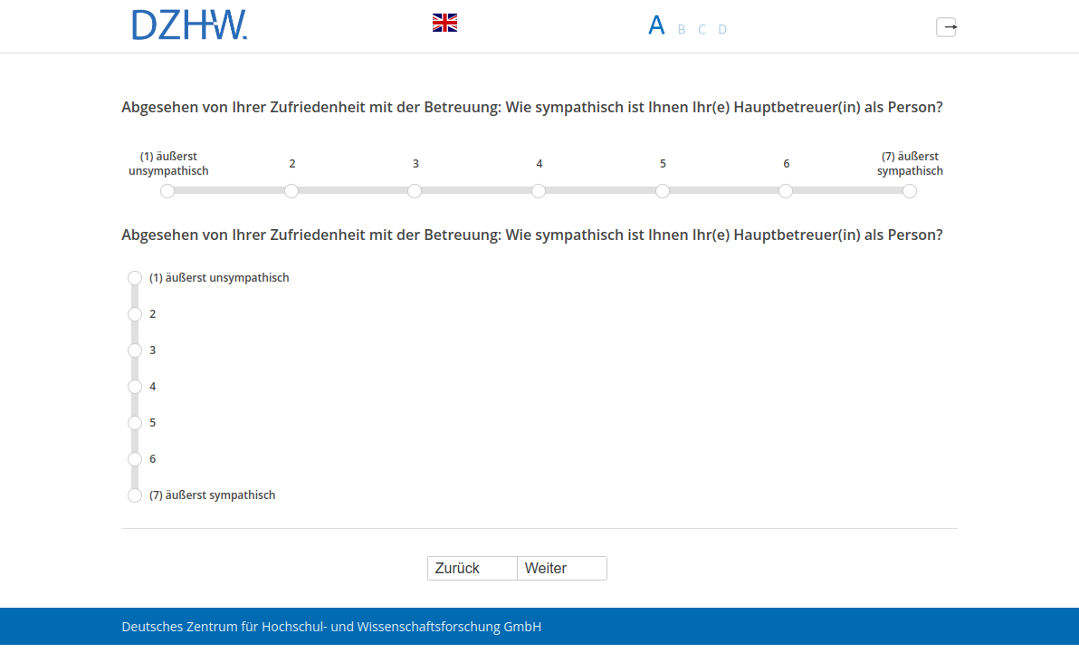 Abgesehen von Ihrer Zufriedenheit mit der Betreuung: Wie sympathisch ist Ihnen Ihr(e) Hauptbetreuer(in) als Person?Abgesehen von Ihrer Zufriedenheit mit der Betreuung: Wie sympathisch ist Ihnen Ihr(e) Hauptbetreuer(in) als Person?