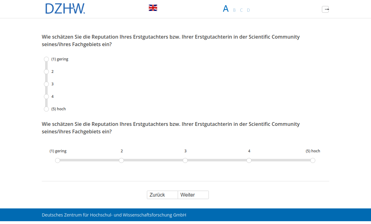 Wie schätzen Sie die Reputation Ihres Erstgutachters bzw. Ihrer Erstgutachterin in der Scientific Community seines/ihres Fachgebiets ein?Wie schätzen Sie die Reputation Ihres Erstgutachters bzw. Ihrer Erstgutachterin in der Scientific Community seines/ihres Fachgebiets ein?