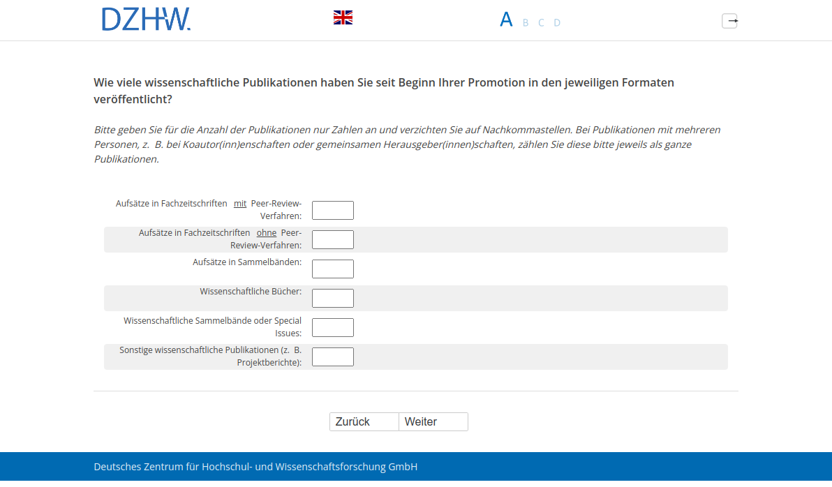 Wie viele wissenschaftliche Publikationen haben Sie seit Beginn Ihrer Promotion in den jeweiligen Formaten veröffentlicht?