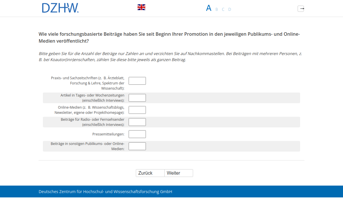Wie viele forschungsbasierte Beiträge haben Sie seit Beginn Ihrer Promotion in den jeweiligen Publikums- und Online-Medien veröffentlicht?