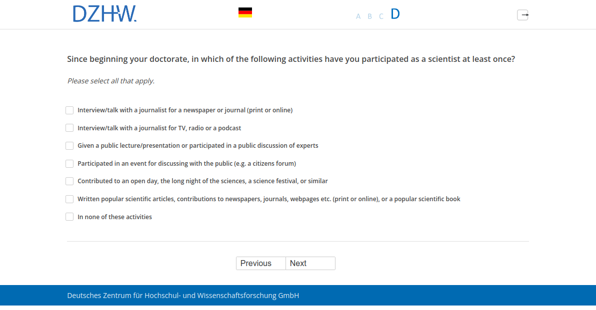 Since beginning your doctorate, in which of the following activities have you participated as a scientist at least once?