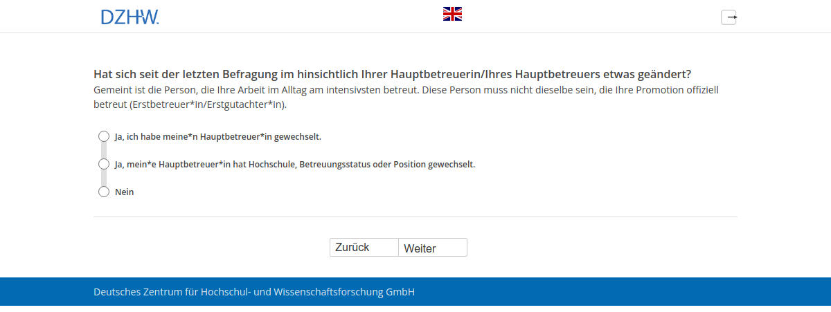 Hat sich seit der letzten Befragung im #{PRELOADpl007.value} hinsichtlich Ihrer Hauptbetreuerin/Ihres Hauptbetreuers etwas geändert?