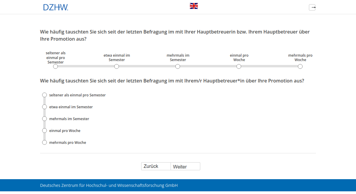 Wie häufig tauschten Sie sich seit der letzten Befragung im #{PRELOADpl007.value} mit Ihrer Hauptbetreuerin bzw. Ihrem Hauptbetreuer über Ihre Promotion aus?Wie häufig tauschten Sie sich seit der letzten Befragung im #{PRELOADpl007.value} mit Ihrem/r Hauptbetreuer*in über Ihre Promotion aus?