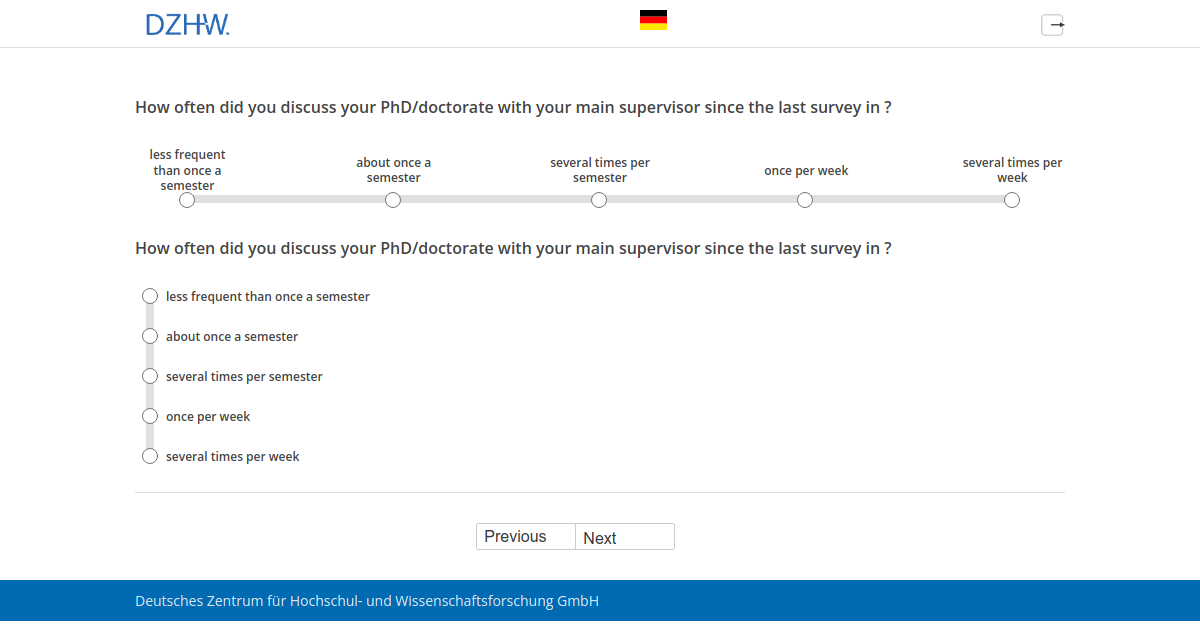 How often did you discuss your PhD/doctorate with your main supervisor since the last survey in #{PRELOADpl008.value}?How often did you discuss your PhD/doctorate with your main supervisor since the last survey in #{PRELOADpl008.value}?