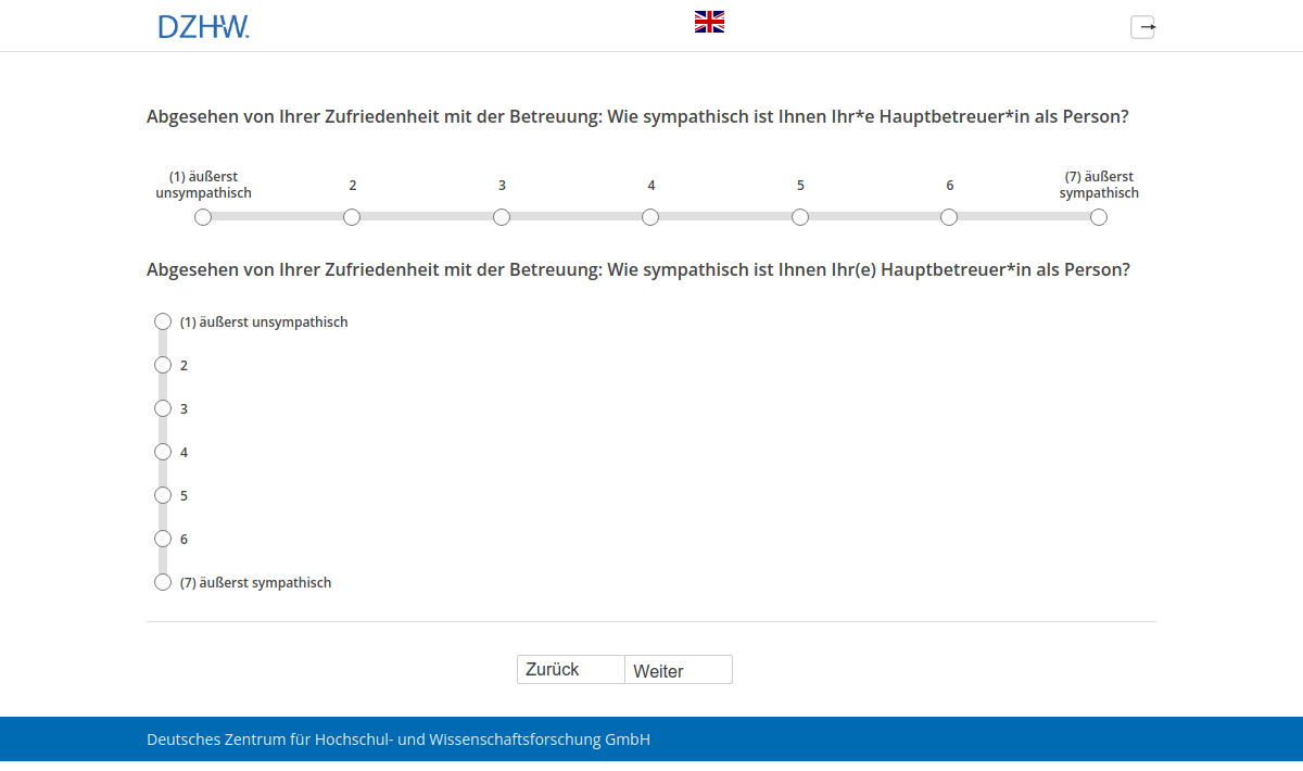 Abgesehen von Ihrer Zufriedenheit mit der Betreuung: Wie sympathisch ist Ihnen Ihr*e Hauptbetreuer*in als Person?Abgesehen von Ihrer Zufriedenheit mit der Betreuung: Wie sympathisch ist Ihnen Ihr(e) Hauptbetreuer*in als Person?