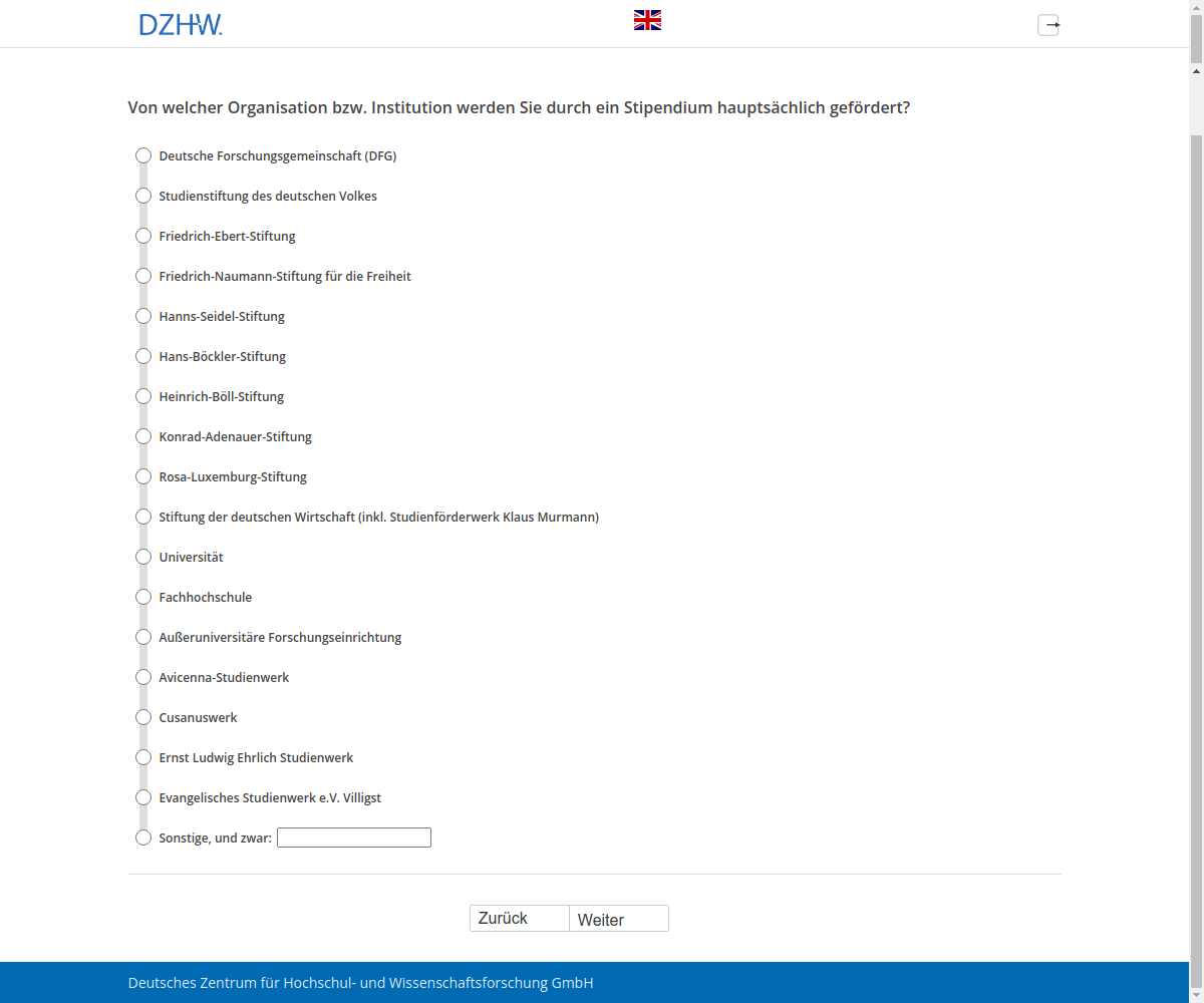 Von welcher Organisation bzw. Institution werden Sie durch ein Stipendium hauptsächlich gefördert?
