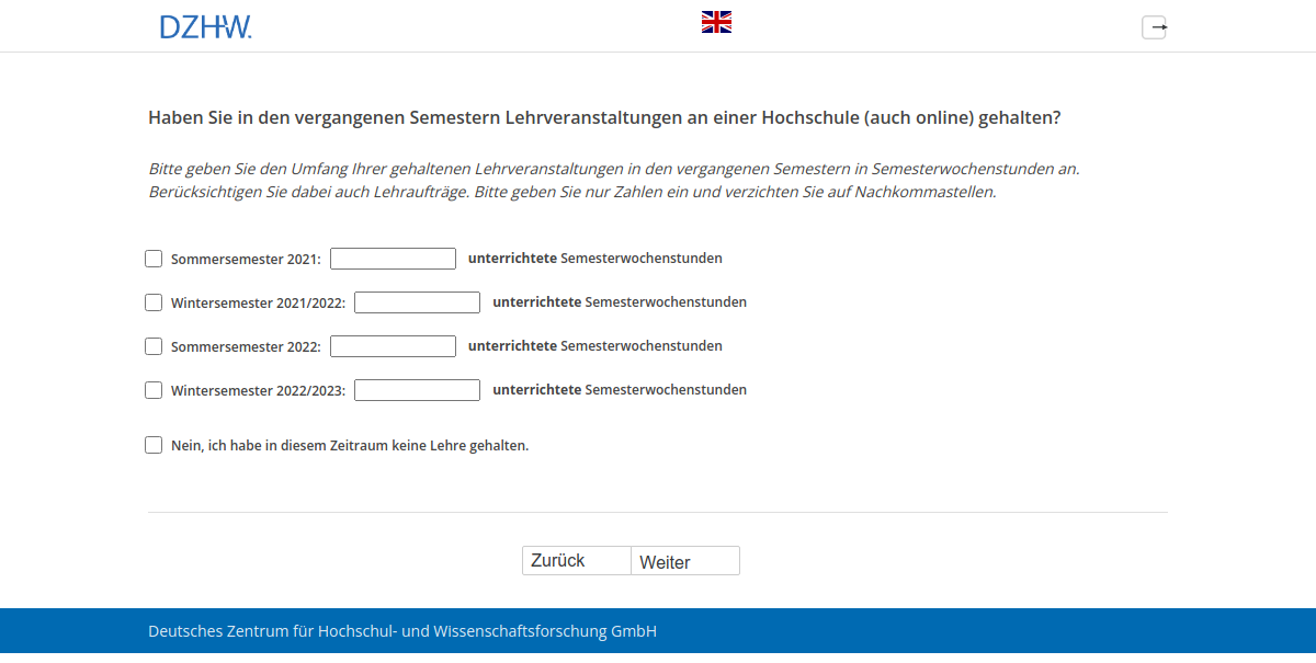 Haben Sie in den vergangenen Semestern Lehrveranstaltungen an einer Hochschule (auch online) gehalten?
