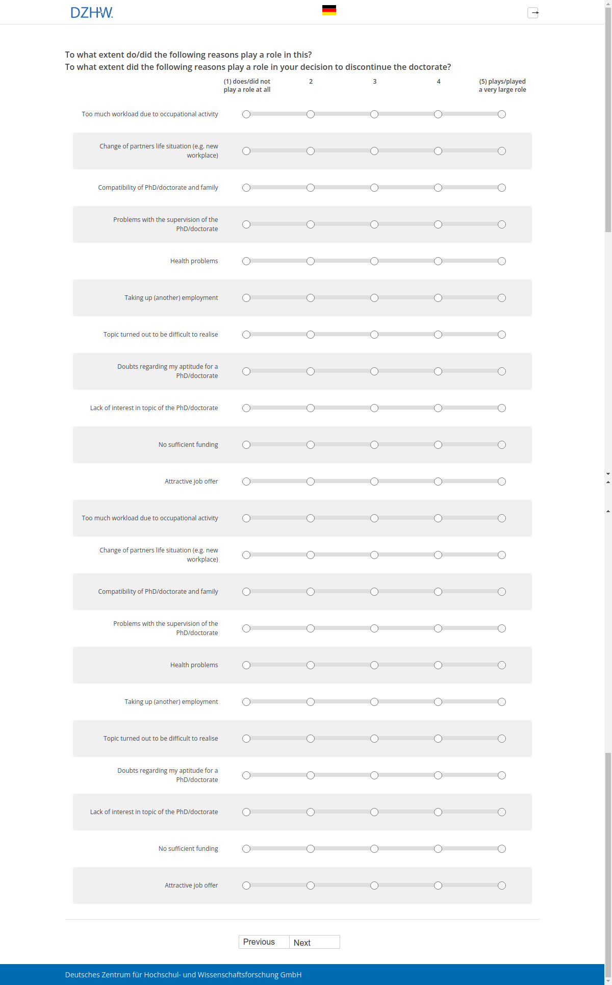 To what extent do/did the following reasons play a role in this?,To what extent did the following reasons play a role in your decision to discontinue the doctorate?