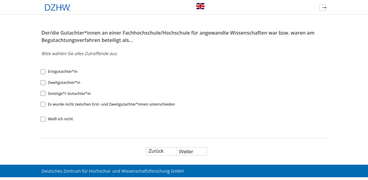 Der/die Gutachter*innen an einer Fachhochschule/Hochschule für angewandte Wissenschaften war bzw. waren am Begutachtungsverfahren beteiligt als...