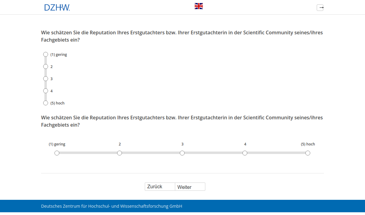 Wie schätzen Sie die Reputation Ihres Erstgutachters bzw. Ihrer Erstgutachterin in der Scientific Community seines/ihres Fachgebiets ein?Wie schätzen Sie die Reputation Ihres Erstgutachters bzw. Ihrer Erstgutachterin in der Scientific Community seines/ihres Fachgebiets ein?