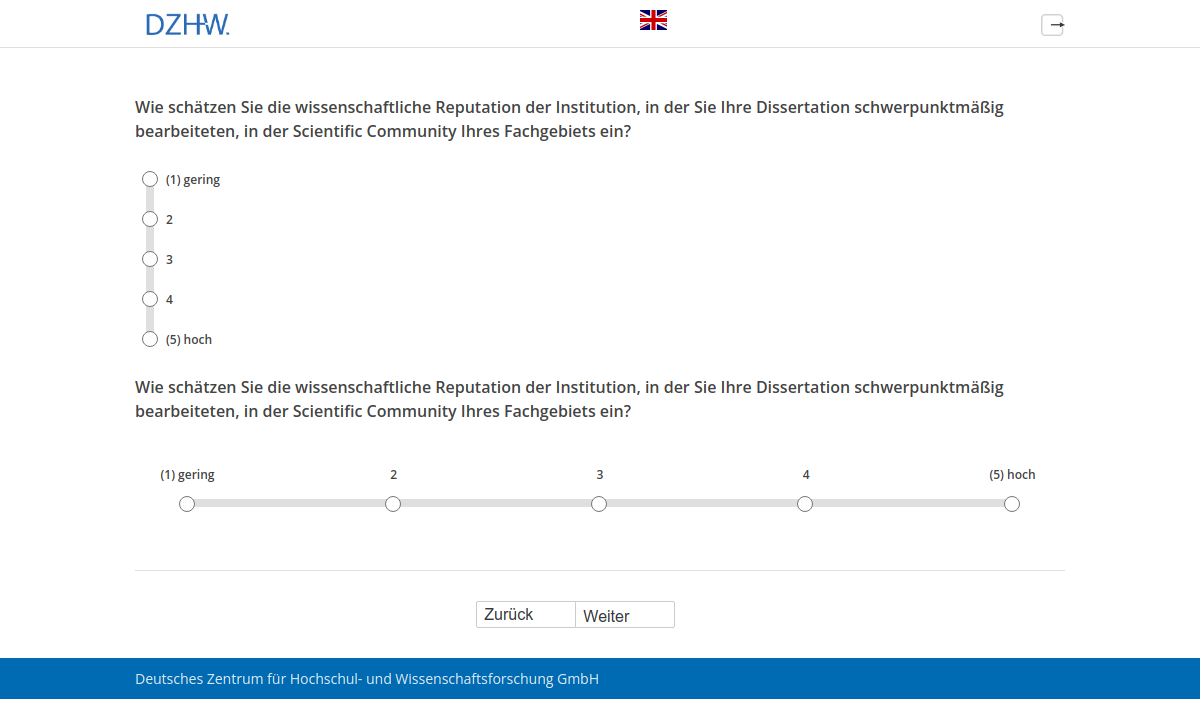 Wie schätzen Sie die wissenschaftliche Reputation der Institution, in der Sie Ihre Dissertation schwerpunktmäßig bearbeiteten, in der Scientific Community Ihres Fachgebiets ein?Wie schätzen Sie die wissenschaftliche Reputation der Institution, in der Sie Ihre Dissertation schwerpunktmäßig bearbeiteten, in der Scientific Community Ihres Fachgebiets ein?