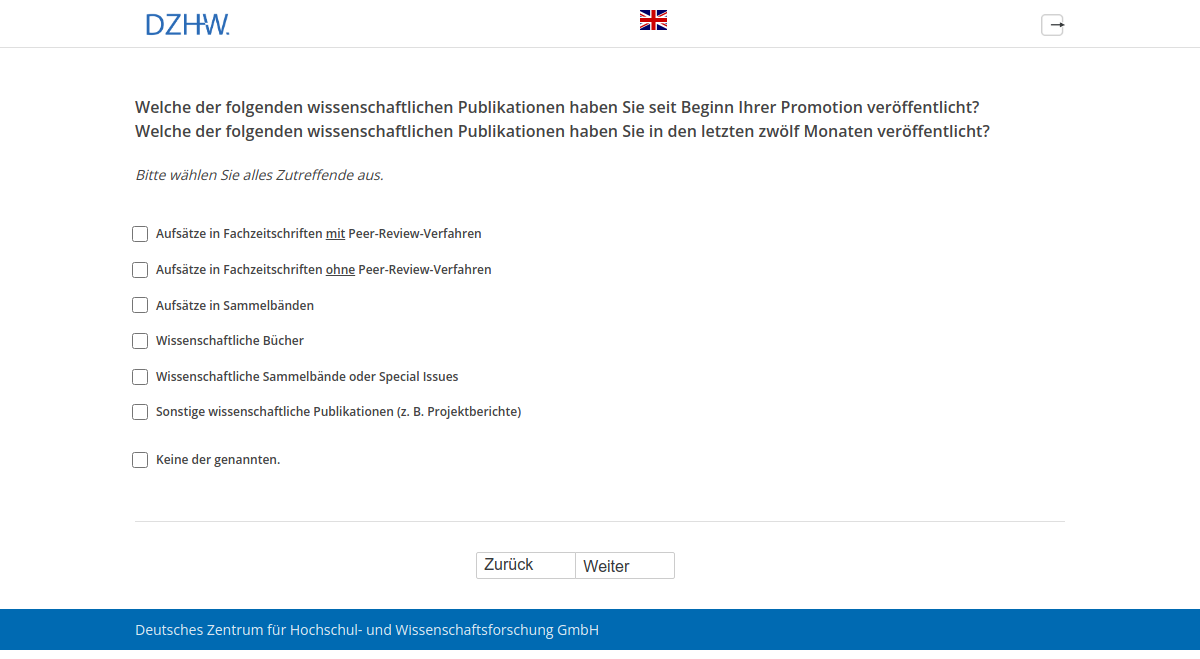 Welche der folgenden wissenschaftlichen Publikationen haben Sie seit Beginn Ihrer Promotion veröffentlicht?,Welche der folgenden wissenschaftlichen Publikationen haben Sie in den letzten zwölf Monaten veröffentlicht?