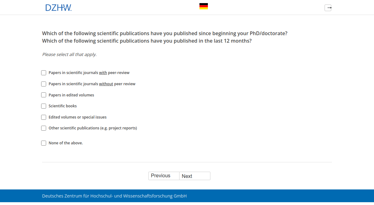 Which of the following scientific publications have you published since beginning your PhD/doctorate?,Which of the following scientific publications have you published in the last 12 months?
