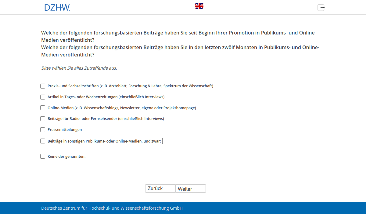 Welche der folgenden forschungsbasierten Beiträge haben Sie seit Beginn Ihrer Promotion in Publikums- und Online-Medien veröffentlicht?,Welche der folgenden forschungsbasierten Beiträge haben Sie in den letzten zwölf Monaten in Publikums- und Online-Medien veröffentlicht?
