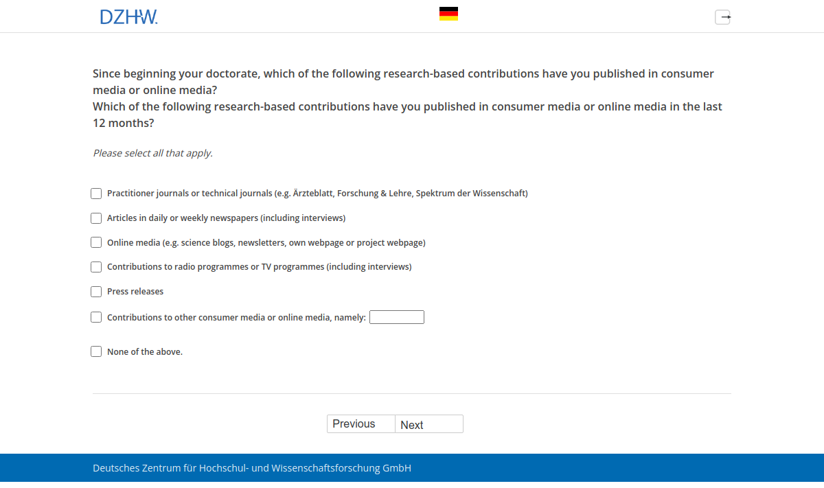 Since beginning your doctorate, which of the following research-based contributions have you published in consumer media or online media?,Which of the following research-based contributions have you published in consumer media or online media in the last 12 months?
