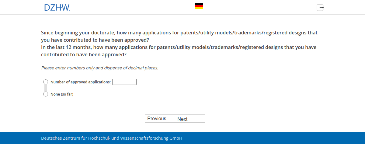Since beginning your doctorate, how many applications for patents/utility models/trademarks/registered designs that you have contributed to have been approved?,In the last 12 months, how many applications for patents/utility models/trademarks/registered designs that you have contributed to have been approved?