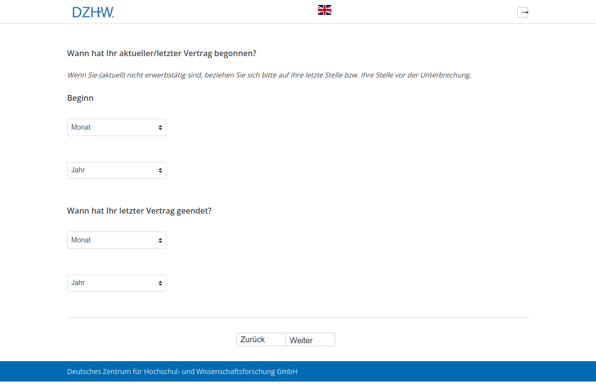 Wann hat Ihr aktueller/letzter Vertrag begonnen?,BeginnWann hat Ihr letzter Vertrag geendet?