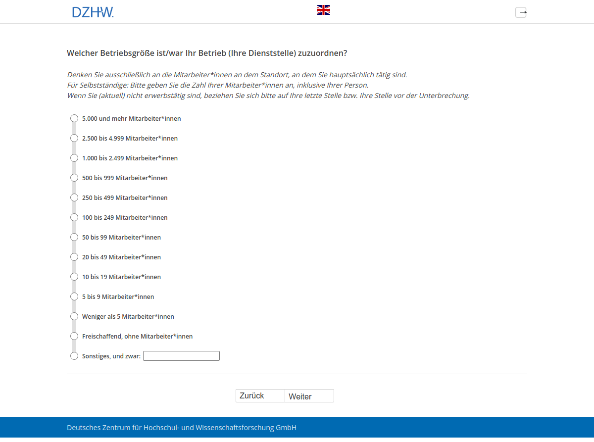 Welcher Betriebsgröße ist/war Ihr Betrieb (Ihre Dienststelle) zuzuordnen?
