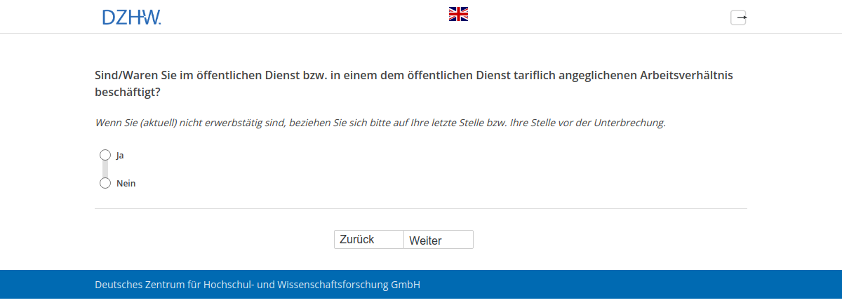 Sind/Waren Sie im öffentlichen Dienst bzw. in einem dem öffentlichen Dienst tariflich angeglichenen Arbeitsverhältnis beschäftigt?