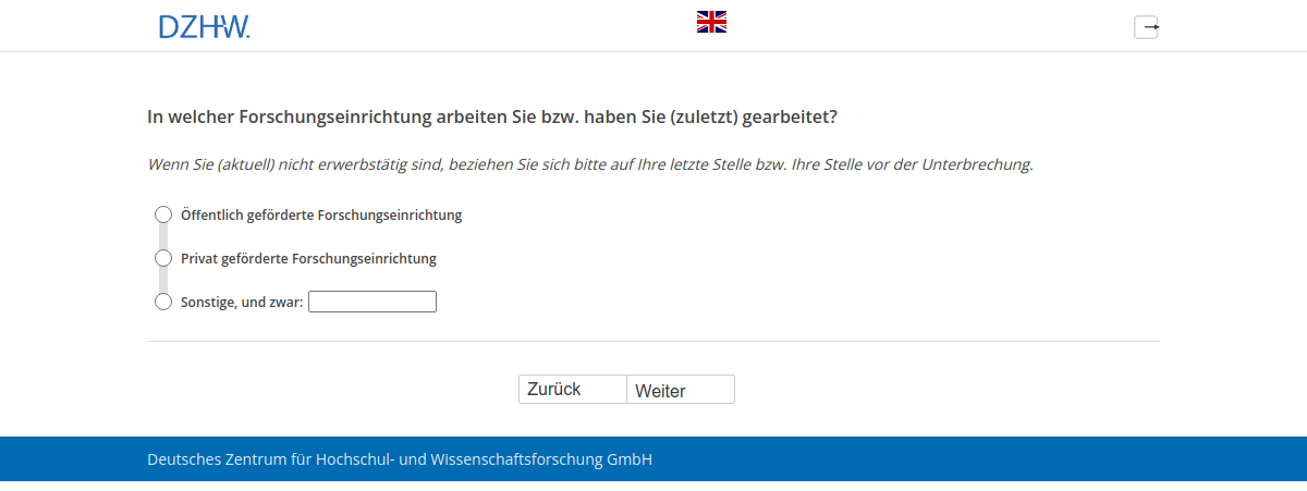 In welcher Forschungseinrichtung arbeiten Sie bzw. haben Sie (zuletzt) gearbeitet?