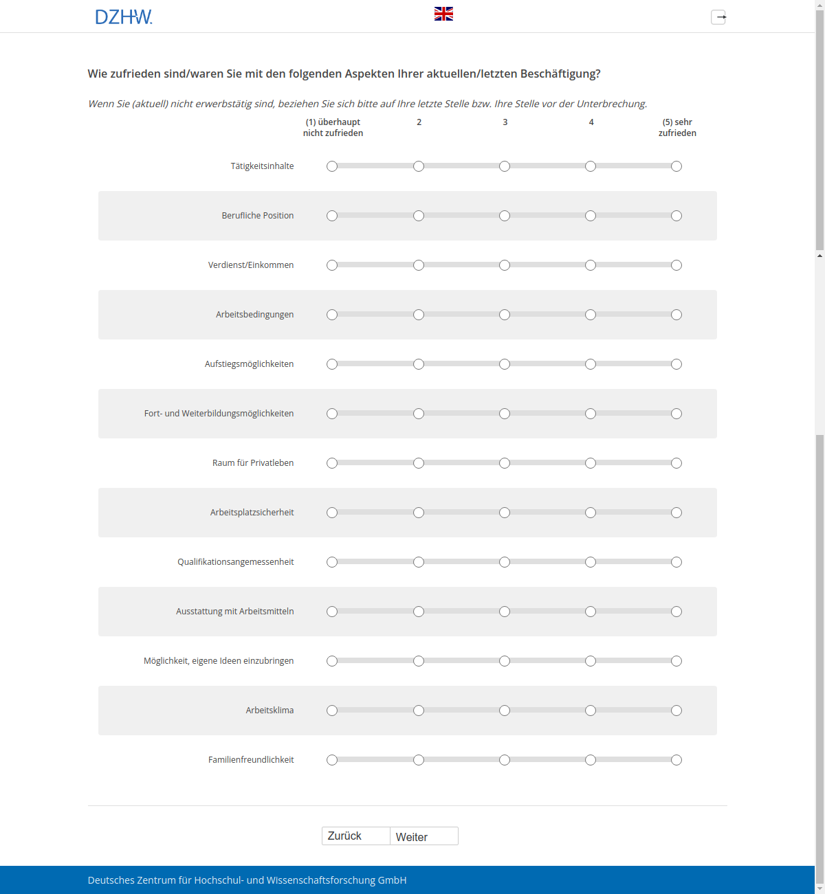 Wie zufrieden sind/waren Sie mit den folgenden Aspekten Ihrer aktuellen/letzten Beschäftigung?