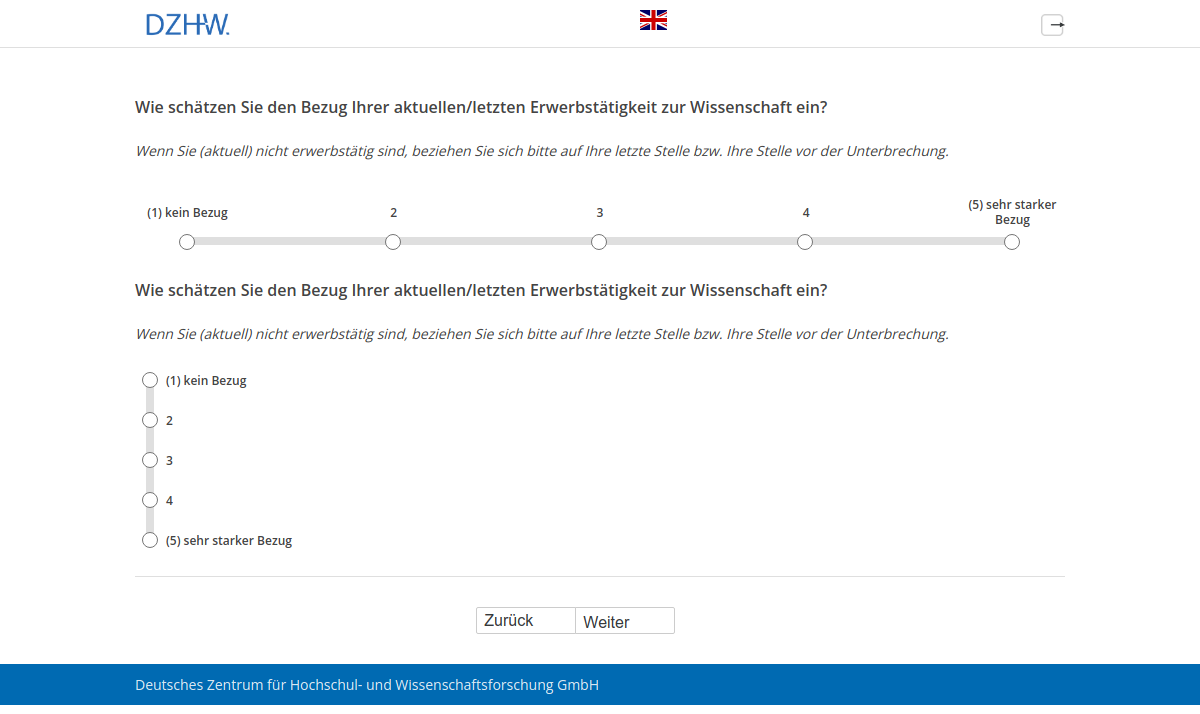 Wie schätzen Sie den Bezug Ihrer aktuellen/letzten Erwerbstätigkeit zur Wissenschaft ein?Wie schätzen Sie den Bezug Ihrer aktuellen/letzten Erwerbstätigkeit zur Wissenschaft ein?