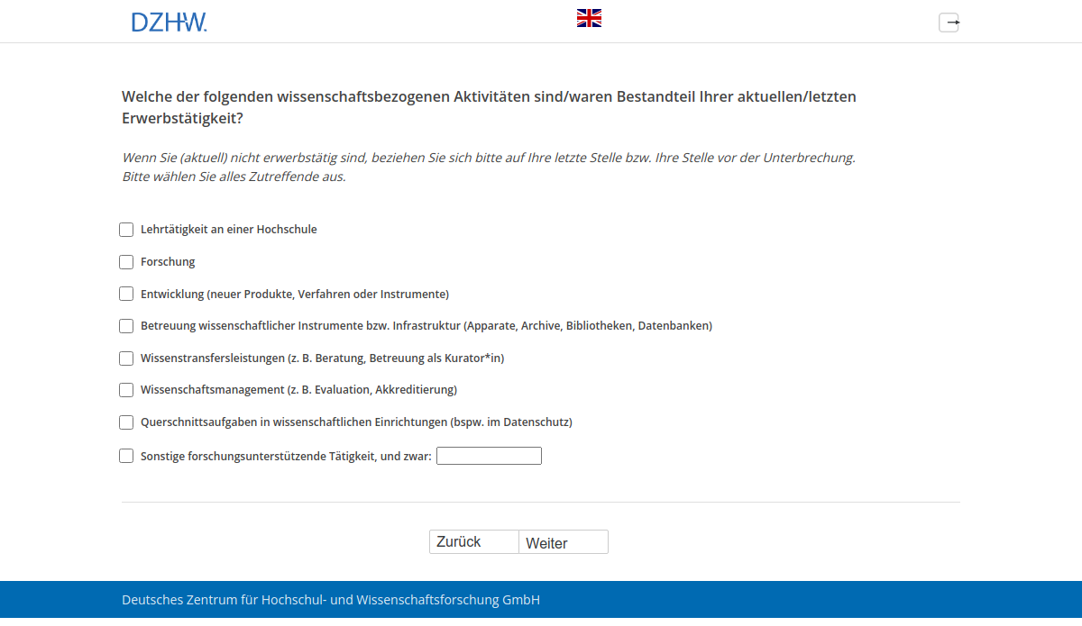 Welche der folgenden wissenschaftsbezogenen Aktivitäten sind/waren Bestandteil Ihrer aktuellen/letzten Erwerbstätigkeit?