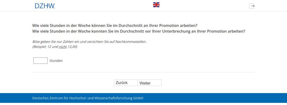 Wie viele Stunden in der Woche können Sie im Durchschnitt an Ihrer Promotion arbeiten?,Wie viele Stunden in der Woche konnten Sie im Durchschnitt vor Ihrer Unterbrechung an Ihrer Promotion arbeiten?