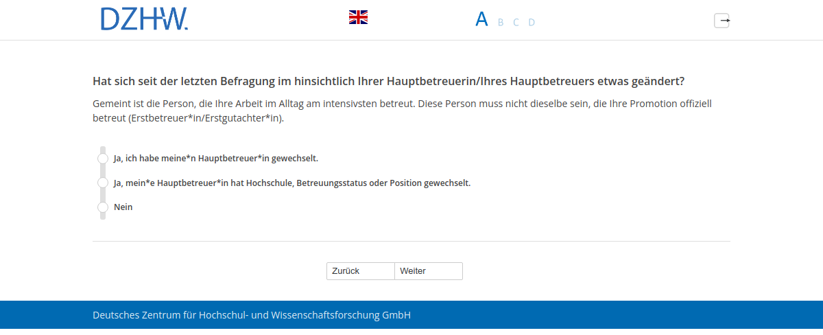 Hat sich seit der letzten Befragung im #{PRELOADpl007.value} hinsichtlich Ihrer Hauptbetreuerin/Ihres Hauptbetreuers etwas geändert?