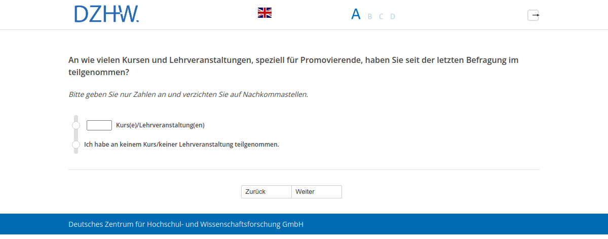 An wie vielen Kursen und Lehrveranstaltungen, speziell für Promovierende, haben Sie seit der letzten Befragung im #{PRELOADpl007.value} teilgenommen?
