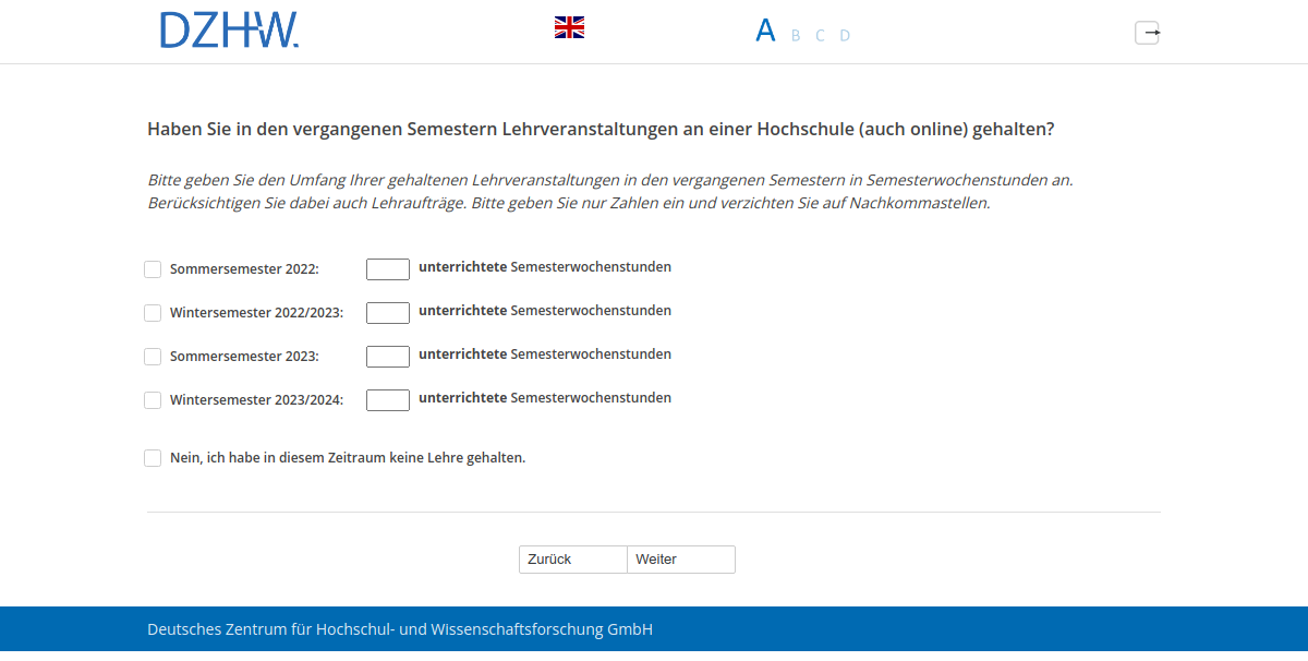 Haben Sie in den vergangenen Semestern Lehrveranstaltungen an einer Hochschule (auch online) gehalten?