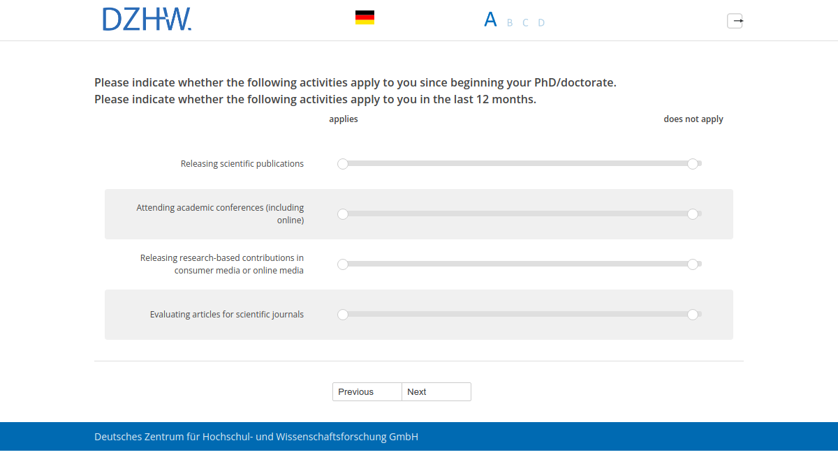 Please indicate whether the following activities apply to you since beginning your PhD/doctorate.,Please indicate whether the following activities apply to you in the last 12 months.