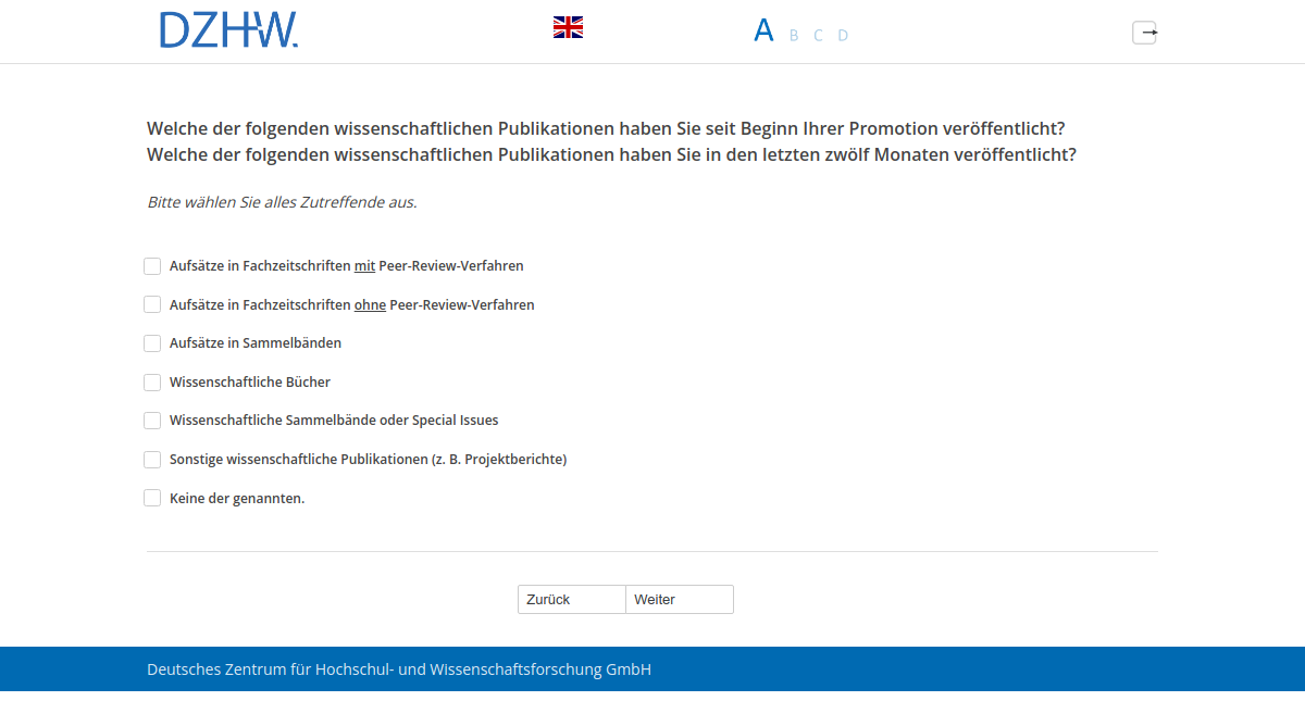 Welche der folgenden wissenschaftlichen Publikationen haben Sie seit Beginn Ihrer Promotion veröffentlicht?,Welche der folgenden wissenschaftlichen Publikationen haben Sie in den letzten zwölf Monaten veröffentlicht?