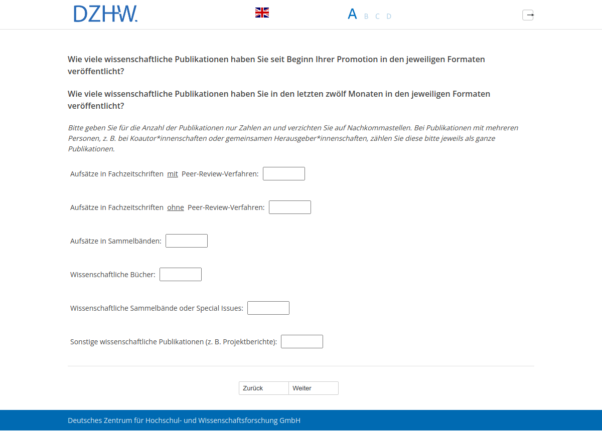 Wie viele wissenschaftliche Publikationen haben Sie seit Beginn Ihrer Promotion in den jeweiligen Formaten veröffentlicht?Wie viele wissenschaftliche Publikationen haben Sie in den letzten zwölf Monaten in den jeweiligen Formaten veröffentlicht?