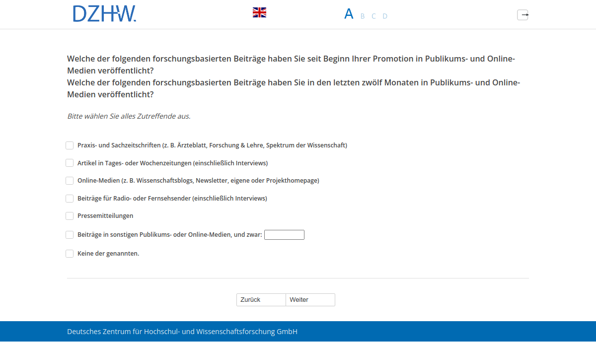 Welche der folgenden forschungsbasierten Beiträge haben Sie seit Beginn Ihrer Promotion in Publikums- und Online-Medien veröffentlicht?,Welche der folgenden forschungsbasierten Beiträge haben Sie in den letzten zwölf Monaten in Publikums- und Online-Medien veröffentlicht?