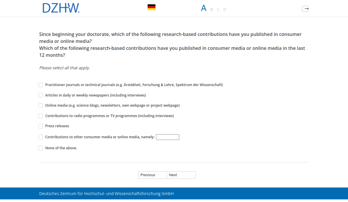 Since beginning your doctorate, which of the following research-based contributions have you published in consumer media or online media?,Which of the following research-based contributions have you published in consumer media or online media in the last 12 months?