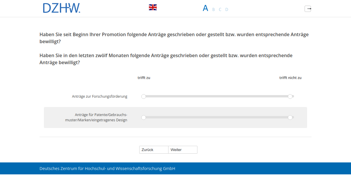 Haben Sie seit Beginn Ihrer Promotion folgende Anträge geschrieben oder gestellt bzw. wurden entsprechende Anträge bewilligt?,Haben Sie in den letzten zwölf Monaten folgende Anträge geschrieben oder gestellt bzw. wurden entsprechende Anträge bewilligt?