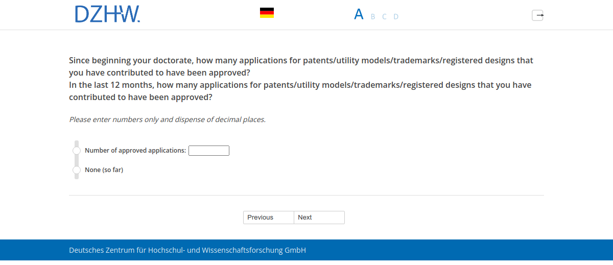 Since beginning your doctorate, how many applications for patents/utility models/trademarks/registered designs that you have contributed to have been approved?,In the last 12 months, how many applications for patents/utility models/trademarks/registered designs that you have contributed to have been approved?