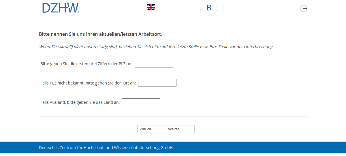 Bitte nennen Sie uns Ihren aktuellen/letzten Arbeitsort.