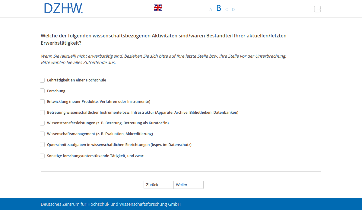 Welche der folgenden wissenschaftsbezogenen Aktivitäten sind/waren Bestandteil Ihrer aktuellen/letzten Erwerbstätigkeit?