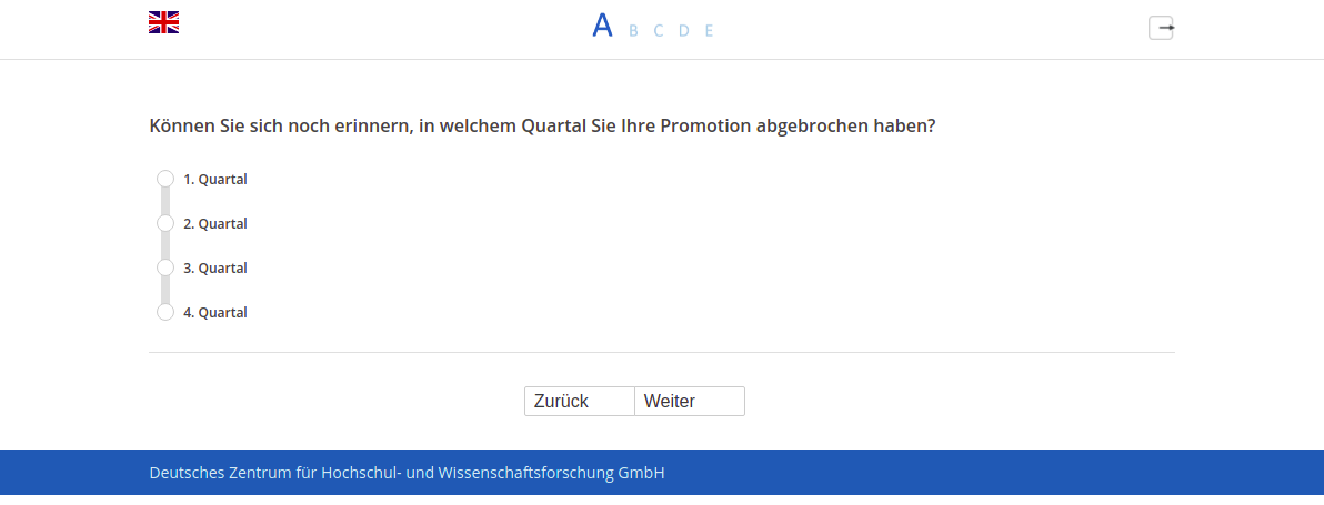 Können Sie sich noch erinnern, in welchem Quartal Sie Ihre Promotion abgebrochen haben?